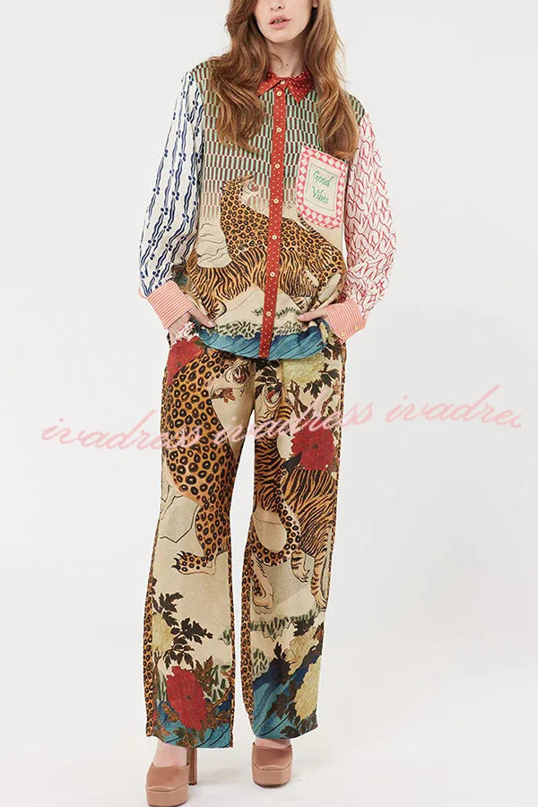 Tropical Jungle Tiger Unique Print Long Sleeve Loose Shirt and Elastic Waist Pants Set