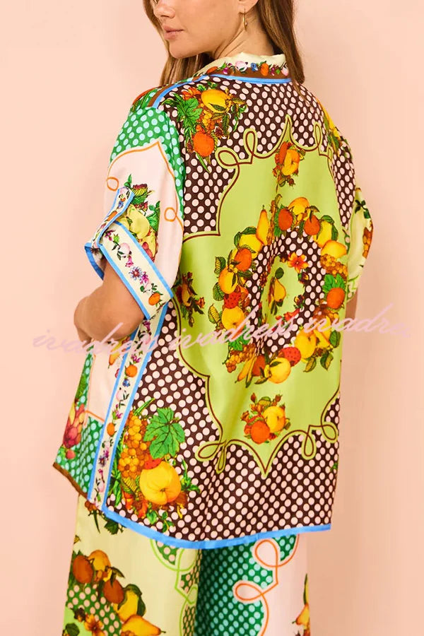 Enjoy Summer Lemon Satin Unique Print Button Down Oversized Blouse