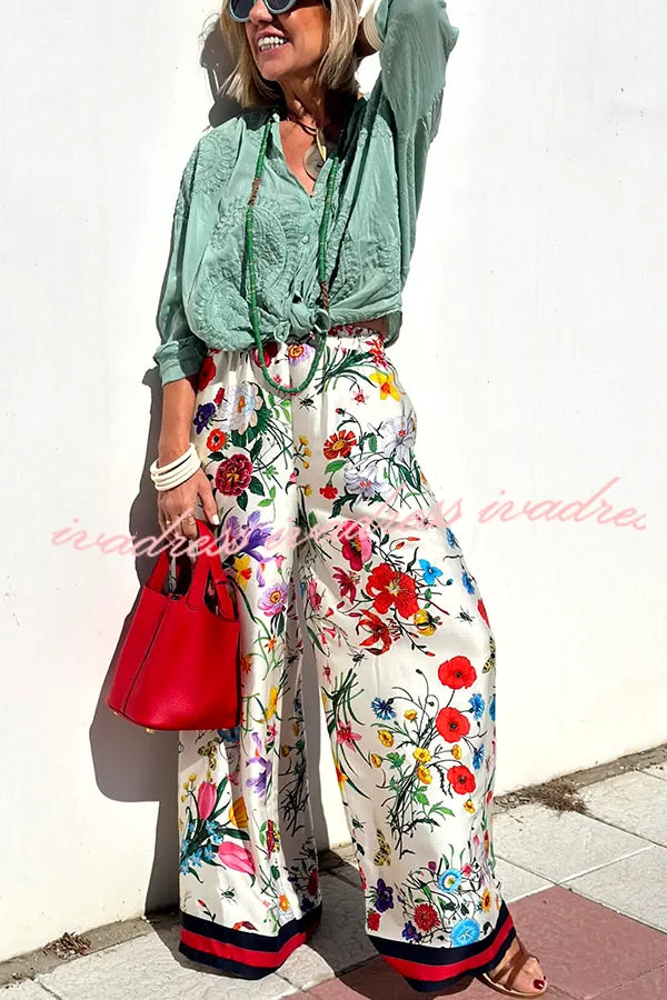 Fabulous Fiesta Satin Floral Unique Print Elastic Waist Pocketed Wide Leg Pants