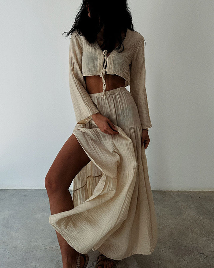 Fashionable lace-up slit cotton and linen two-piece set