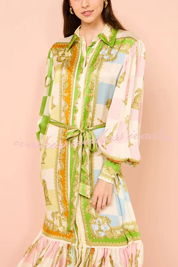 Garden Party Satin Unique Print Balloon Sleeve Belted Shirt Maxi Dress