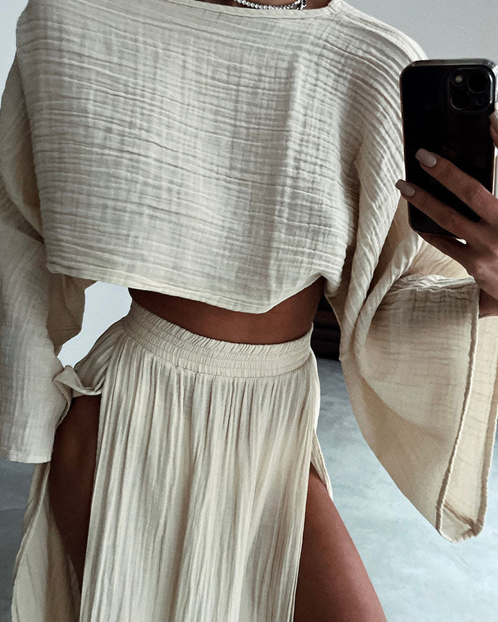 Chic slit cotton and linen casual two-piece set