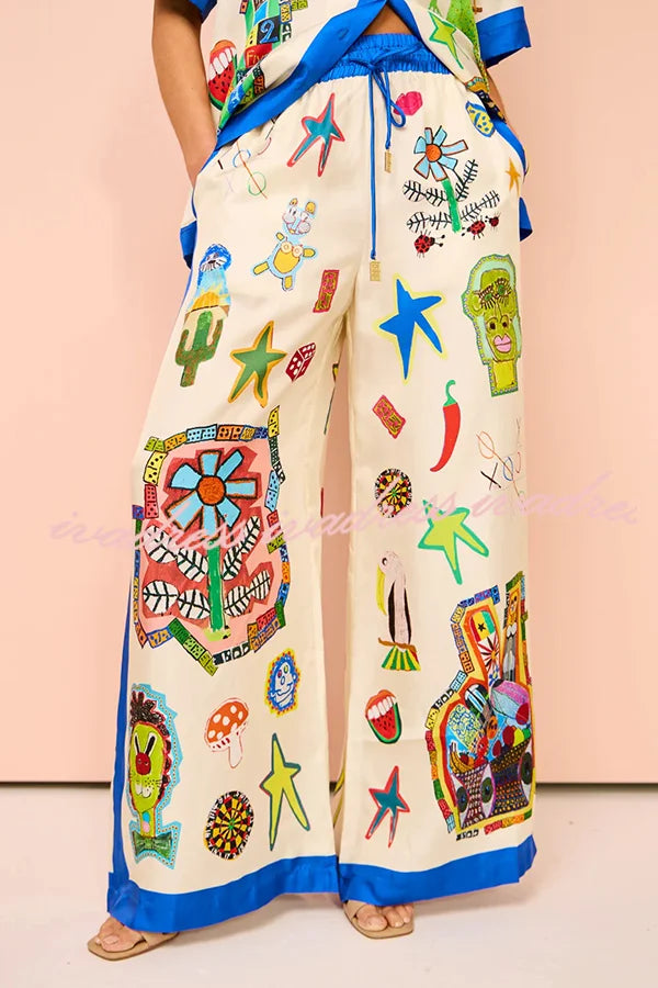 Vibrant Beach Satin Unique Print Colorblock Trim Elastic Waist Pocketed Wide Leg Pants