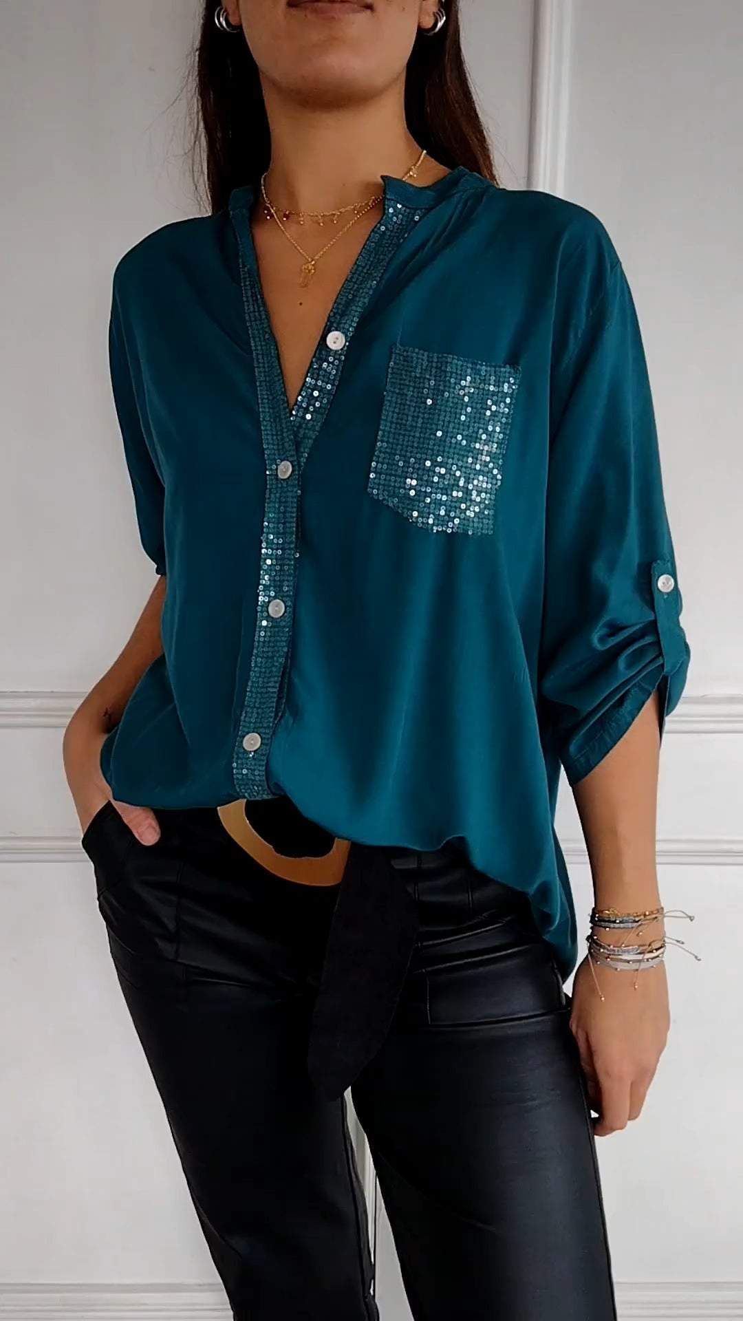 V-neck Sequin Mid-sleeve Casual Top