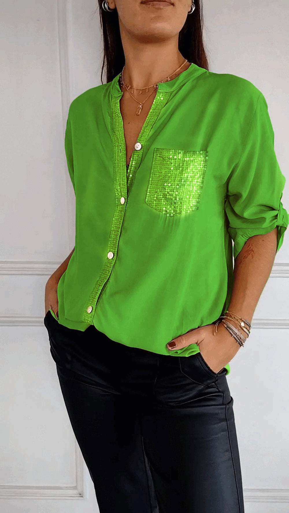 V-neck Sequin Mid-sleeve Casual Top