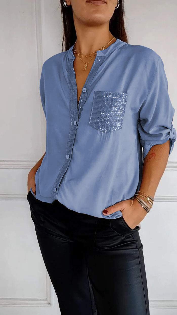 V-neck Sequin Mid-sleeve Casual Top