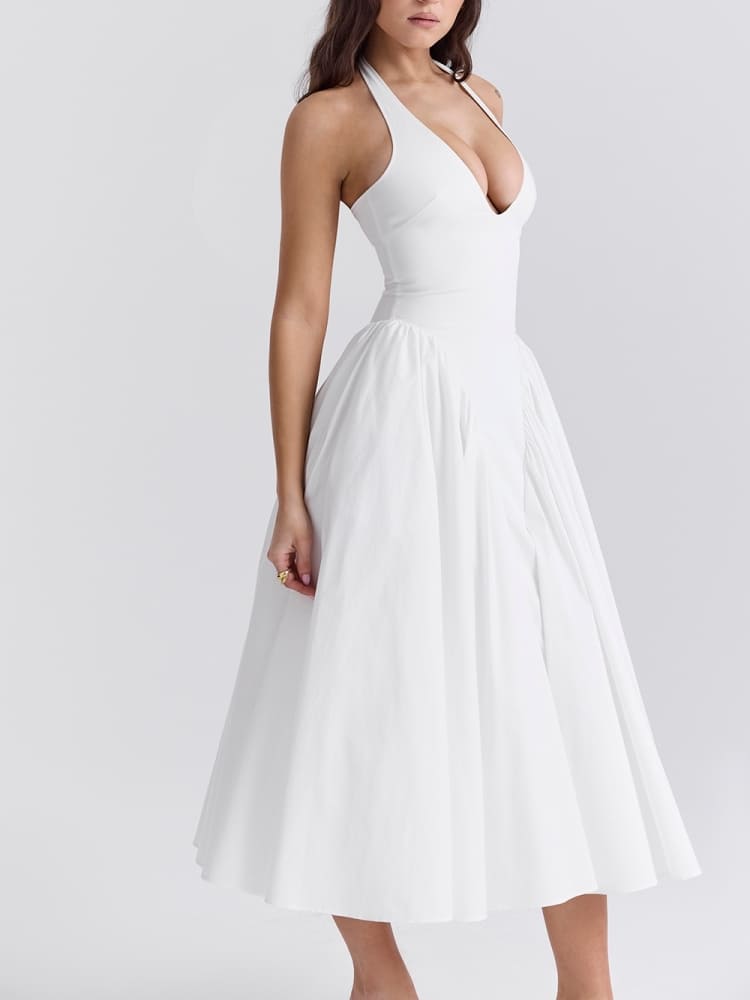 Marilyn | White Cotton Halter Midi Sundress