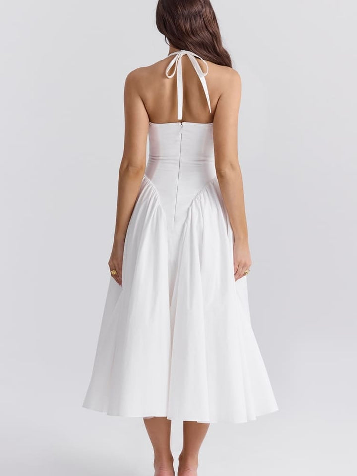 Marilyn | White Cotton Halter Midi Sundress