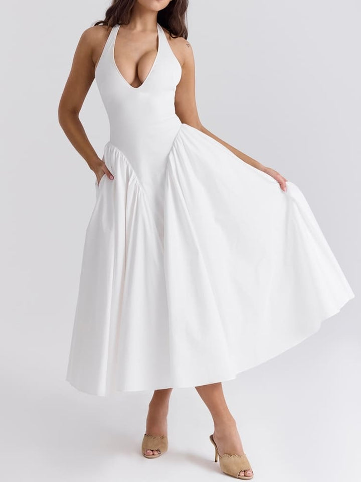 Marilyn | White Cotton Halter Midi Sundress