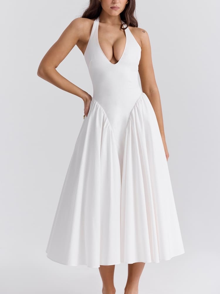 Marilyn | White Cotton Halter Midi Sundress