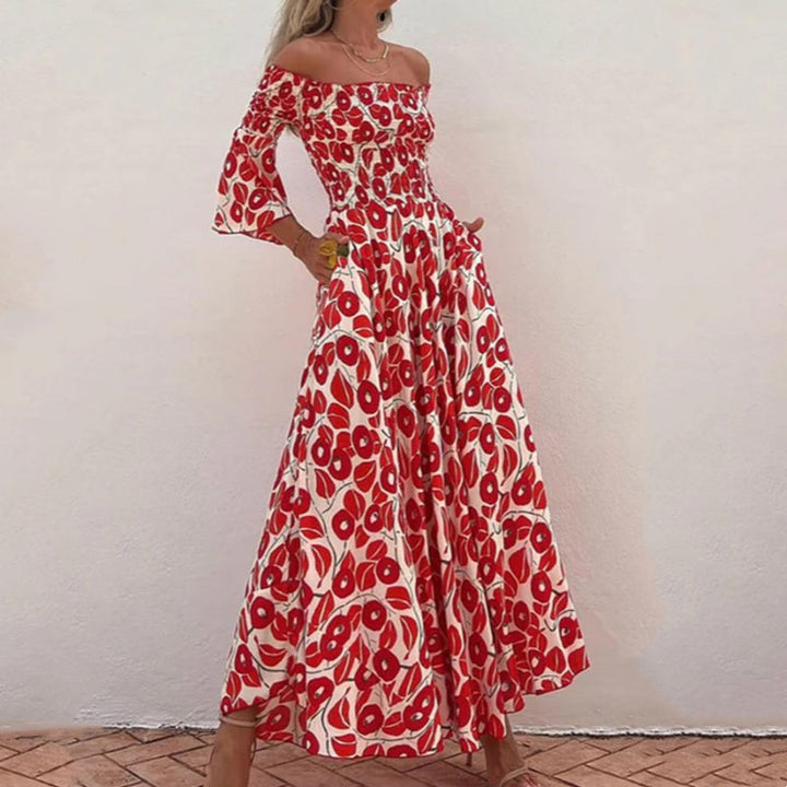 Floral Pleated Off-the-shoulder Pocket Long Dress