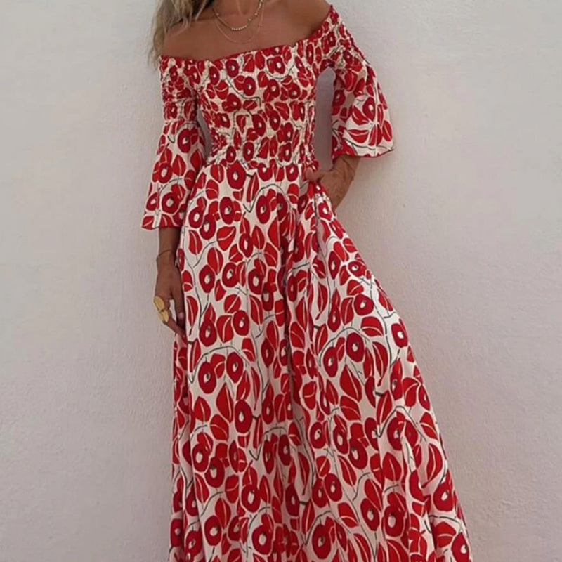 Floral Pleated Off-the-shoulder Pocket Long Dress