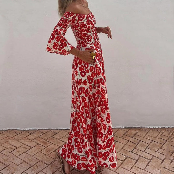 Floral Pleated Off-the-shoulder Pocket Long Dress