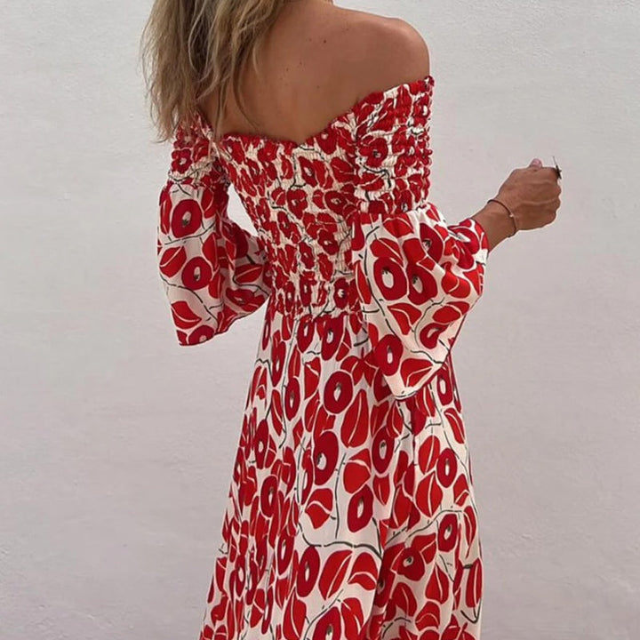 Floral Pleated Off-the-shoulder Pocket Long Dress