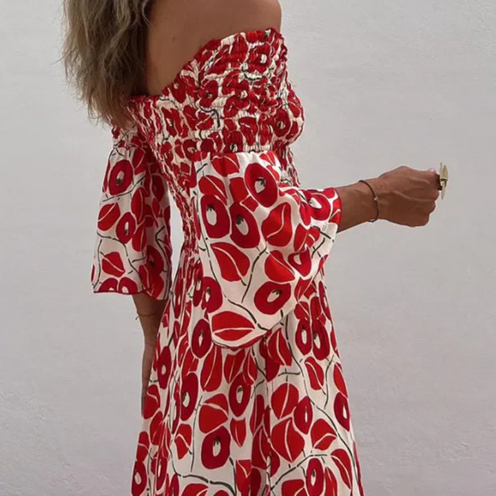 Floral Pleated Off-the-shoulder Pocket Long Dress