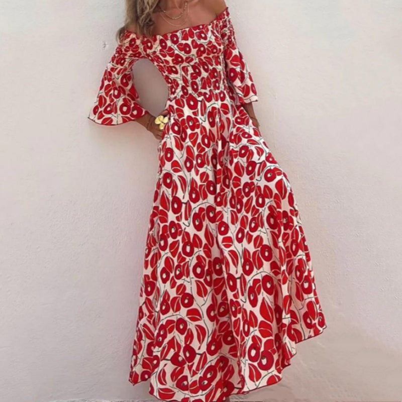 Floral Pleated Off-the-shoulder Pocket Long Dress